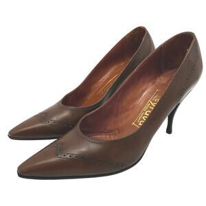 VTG 1960’s Heyraud WMNS Leather Brogue Wingtip Pointed Toe Pumps BRWN 7.5 France